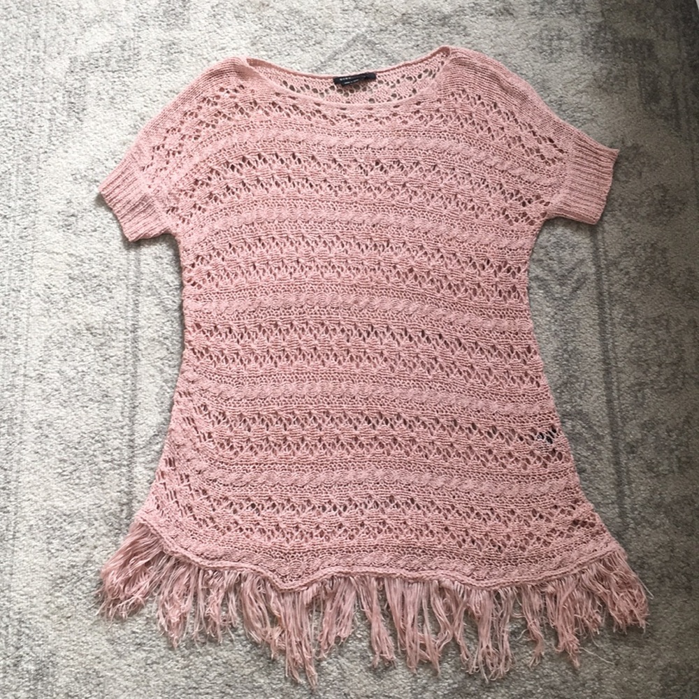 BCBG Maxazria Fringe Cable Knit Sweater in Pink